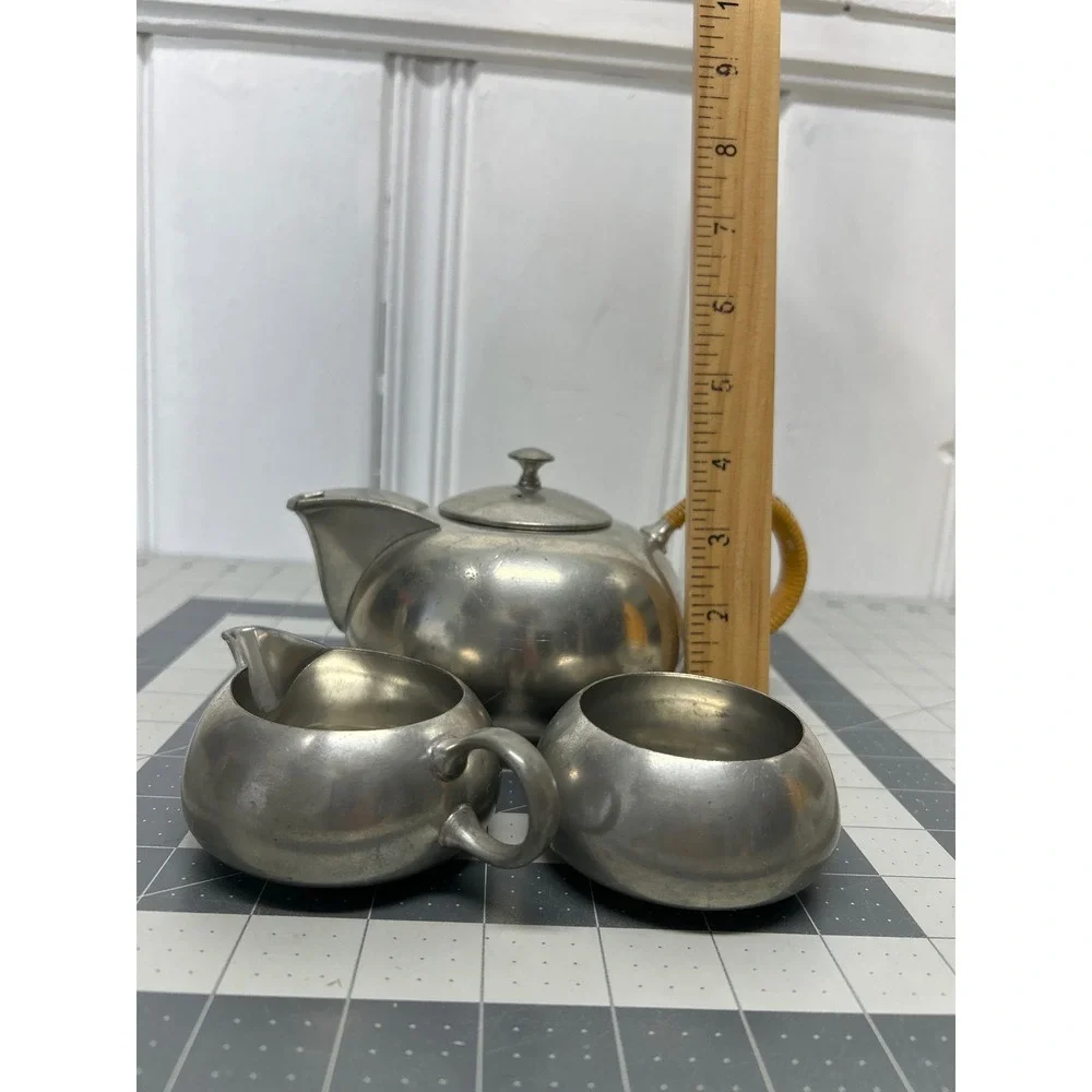 Vtg Royal Holland Pewter Tea Set Silver MCM Wicker Handle Teapot Creamer Sugar
